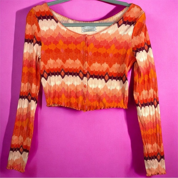 Urban Outfitters Tops - Urban Outfitters Bold Orange Chevron Ribbed Crop Button Up Casual Blouse Large